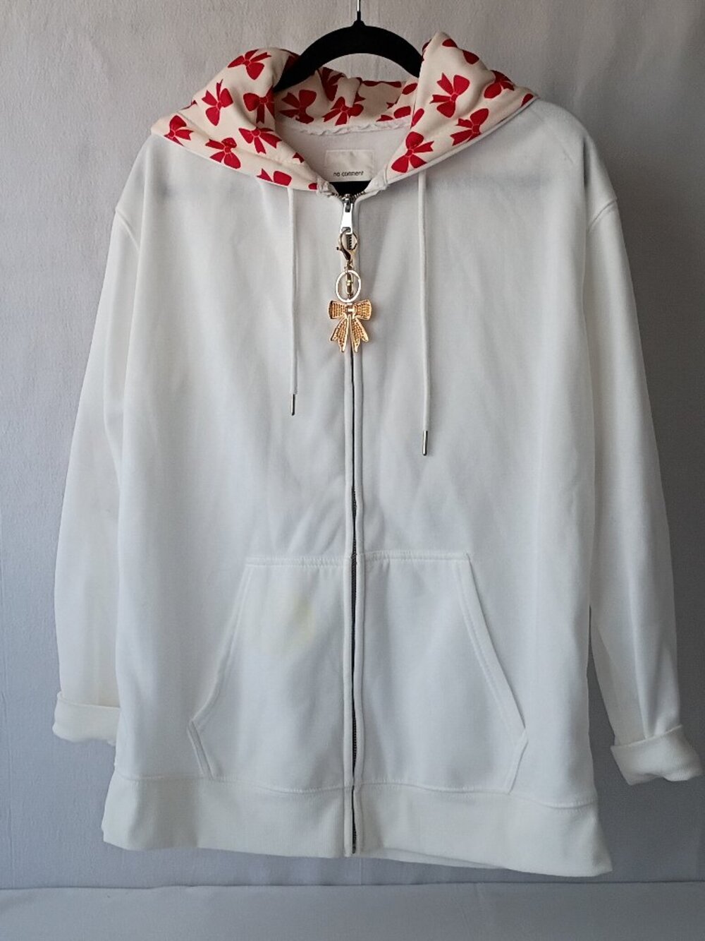 No Comment White Red Bow Zip Hoodie Jacket Size L